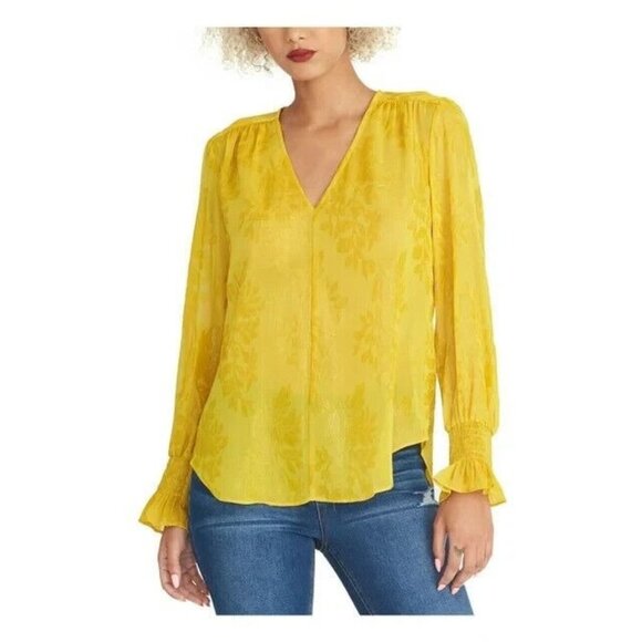 RACHEL Rachel Roy Tops - Rachel Roy Womens Lulu Shirred Blouse Top Small Yellow Floral Popover V Neck